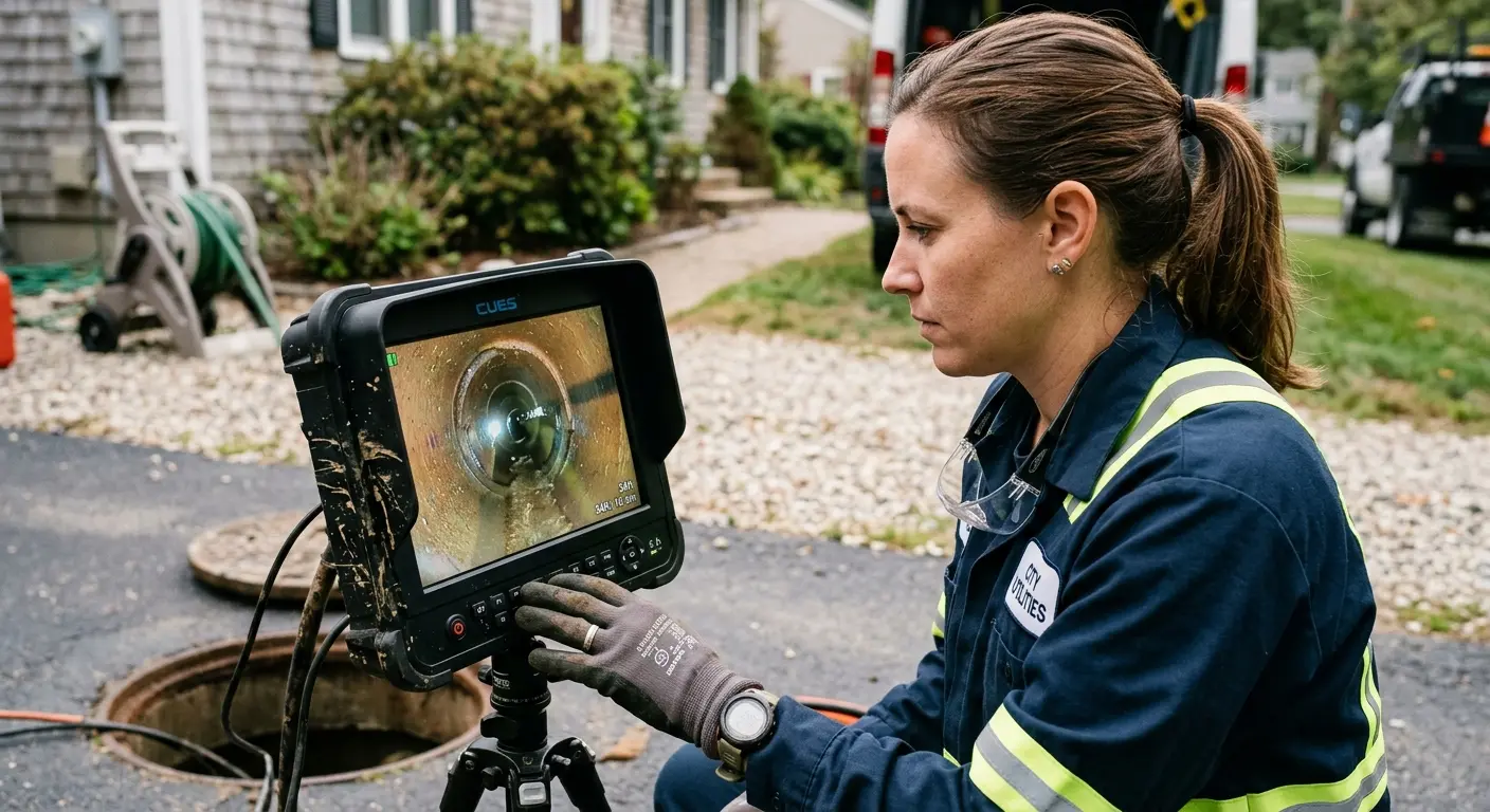Technician reviewing sewer camera inspection footage in Savannah
