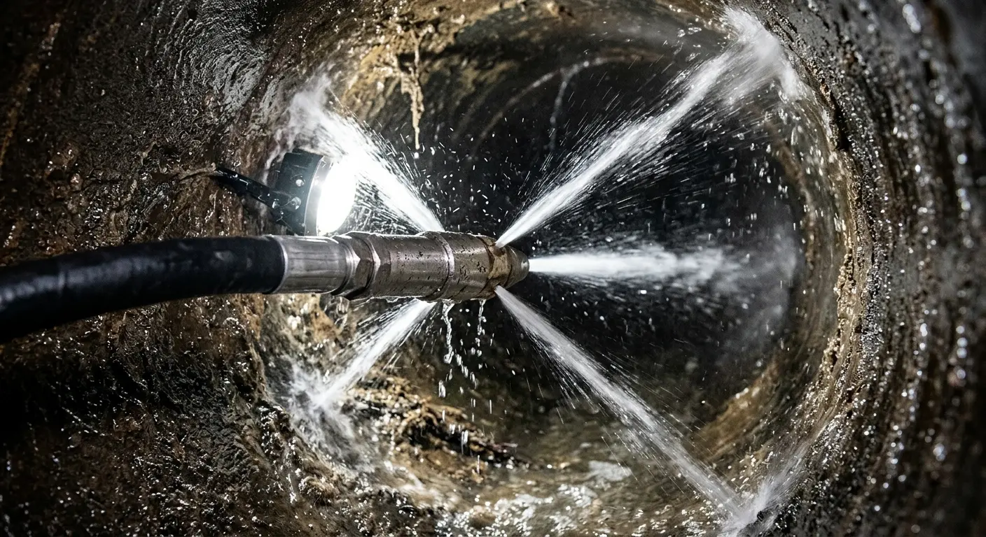 High-pressure hydro jetting nozzle cleaning sewer pipe for Trenchless Sewer Repair in Savannah